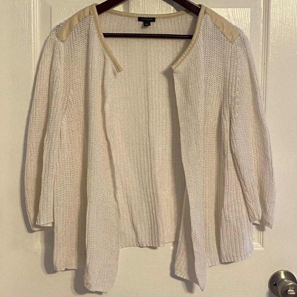 Relaxed fit leather trim open front sweater
